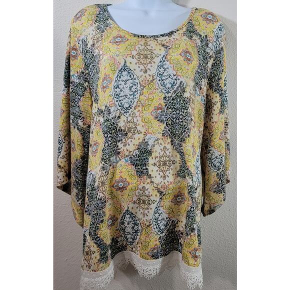 NY Collection Yellow Floral Print Lace Trimmed Hem Top PXL Lightweight Soft - Picture 1 of 6